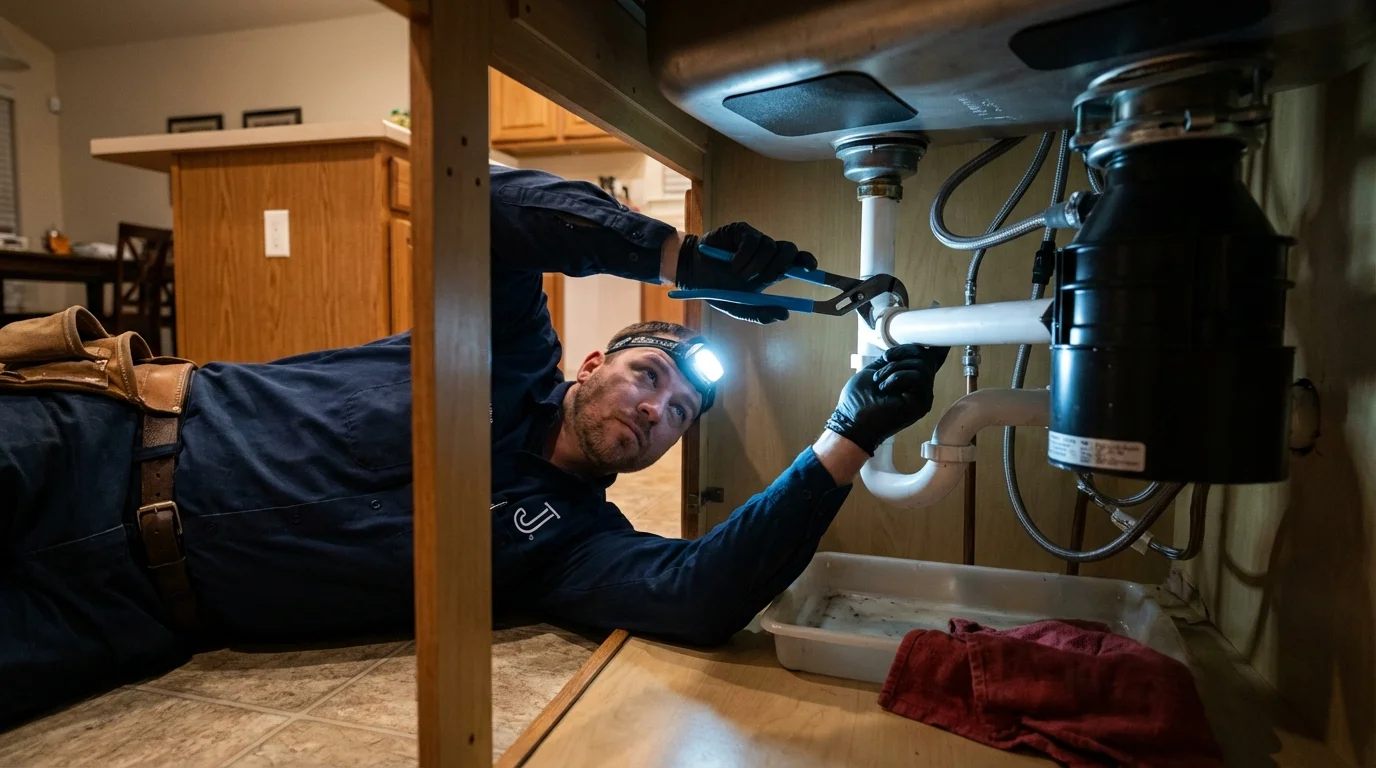 P-trap and supply line connections under a kitchen sink showing a common leak point in Tallulah, LA